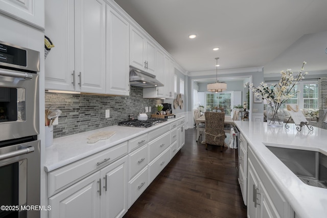 kitchen with decorative backsplash, white cabinetry, appliances with stainless steel finishes, and under cabinet range hood