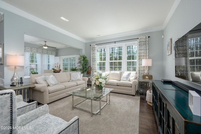living area featuring crown molding, dark wood-style flooring, and a healthy amount of sunlight