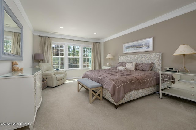 bedroom with light colored carpet, ornamental molding, baseboards, and recessed lighting