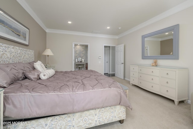 bedroom featuring crown molding, recessed lighting, baseboards, and light carpet