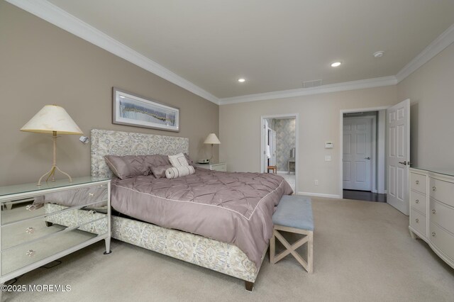 carpeted bedroom featuring visible vents, recessed lighting, baseboards, and crown molding