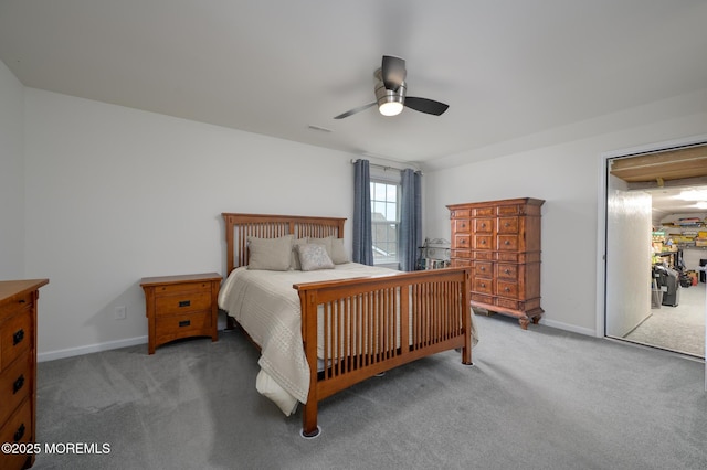 bedroom with baseboards, visible vents, ceiling fan, and light colored carpet