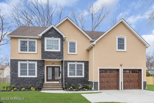 view of front of house with french doors, stucco siding, and stone siding
