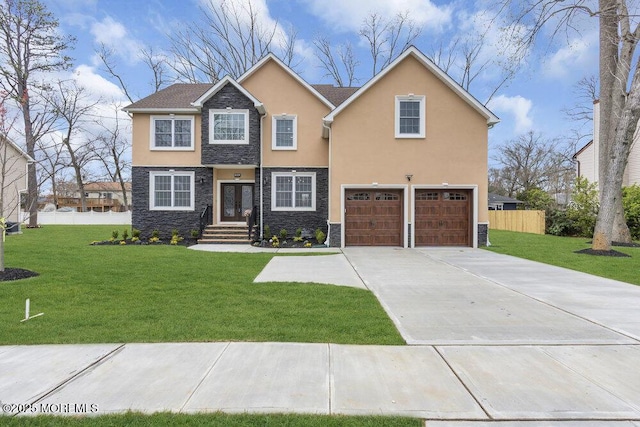 craftsman inspired home with fence, concrete driveway, an attached garage, stone siding, and stucco siding