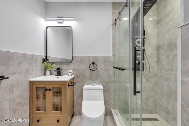 full bathroom featuring vanity, tile walls, toilet, and a shower stall