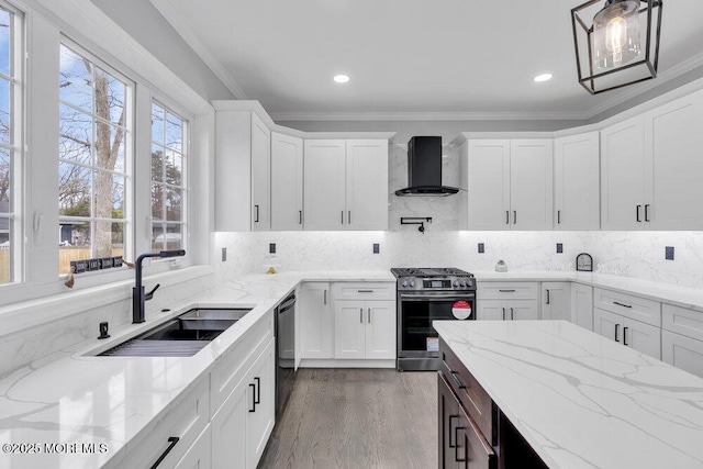 kitchen featuring dishwasher, gas stove, a sink, ornamental molding, and wall chimney exhaust hood