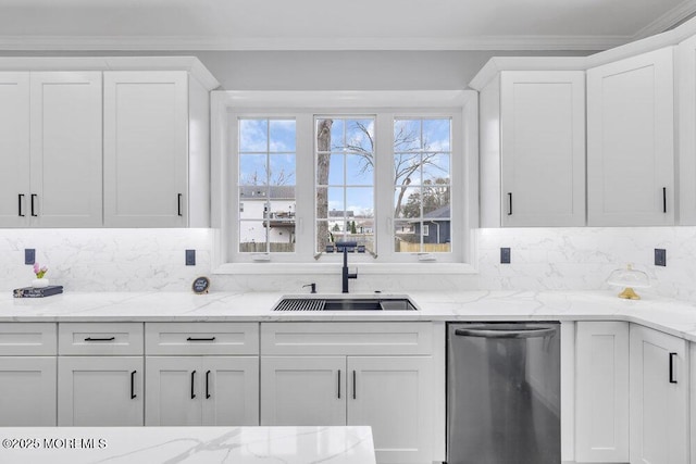kitchen with stainless steel dishwasher, a sink, decorative backsplash, and white cabinets