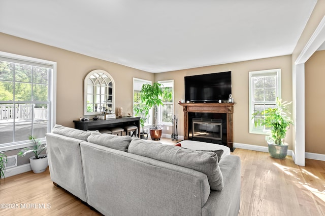649 Toms River Rd, Jackson, NJ 08527 - living area with light wood-style floors, a glass covered fireplace, and baseboards