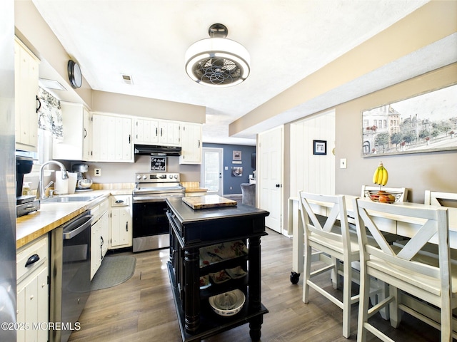 kitchen with stainless steel appliances, a sink, under cabinet range hood, and dark wood-style flooring