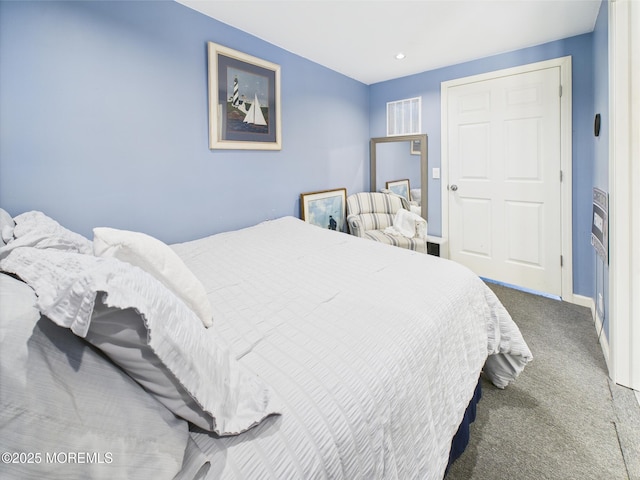bedroom featuring carpet, baseboards, and recessed lighting
