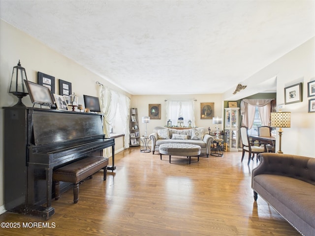 living area with healthy amount of natural light, wood finished floors, and a textured ceiling