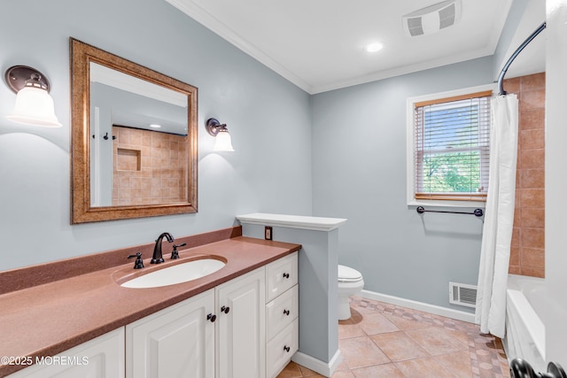 full bathroom featuring toilet, vanity, ornamental molding, baseboards, and tile patterned floors