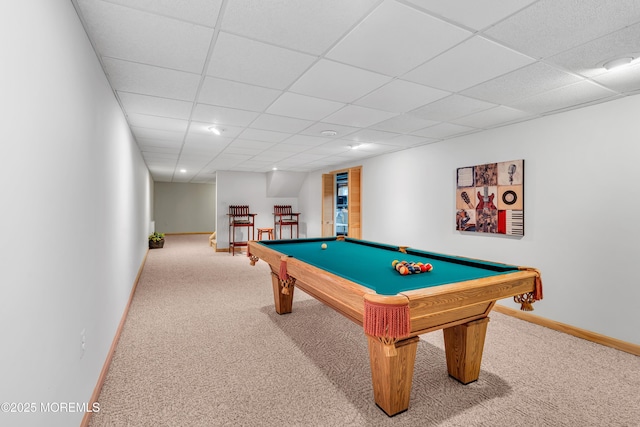 playroom featuring carpet, baseboards, pool table, and a paneled ceiling