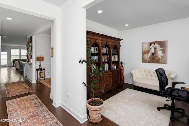 office with dark wood finished floors, crown molding, baseboards, and recessed lighting