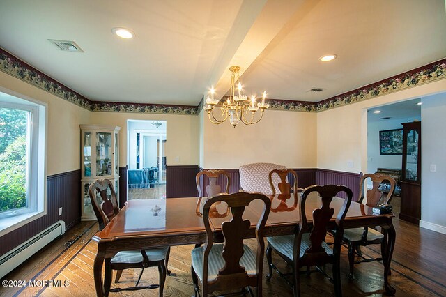 dining space with visible vents, wainscoting, wood finished floors, a baseboard radiator, and an inviting chandelier