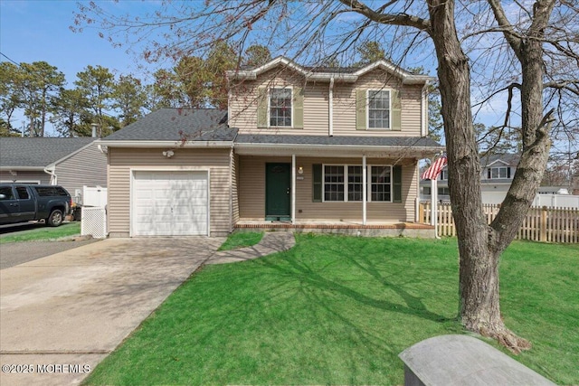 traditional-style house featuring a front lawn, fence, concrete driveway, an attached garage, and a porch
