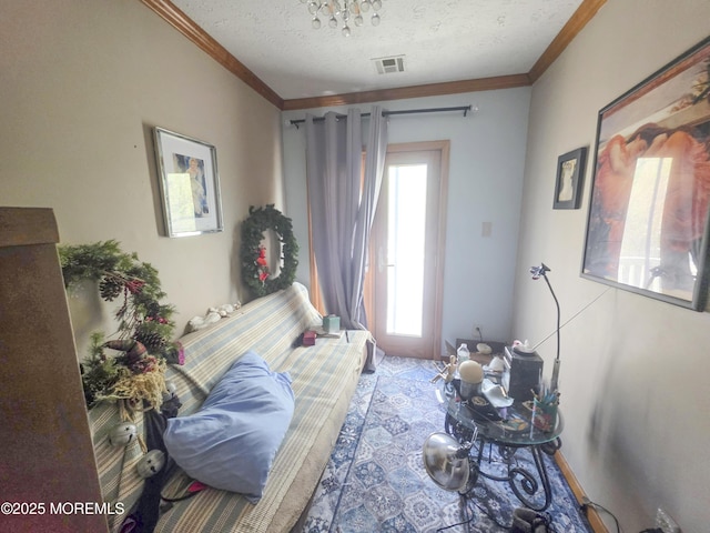 91 Grand Ave, Atlantic Highlands, NJ 07716 - living room with crown molding, a textured ceiling, and visible vents