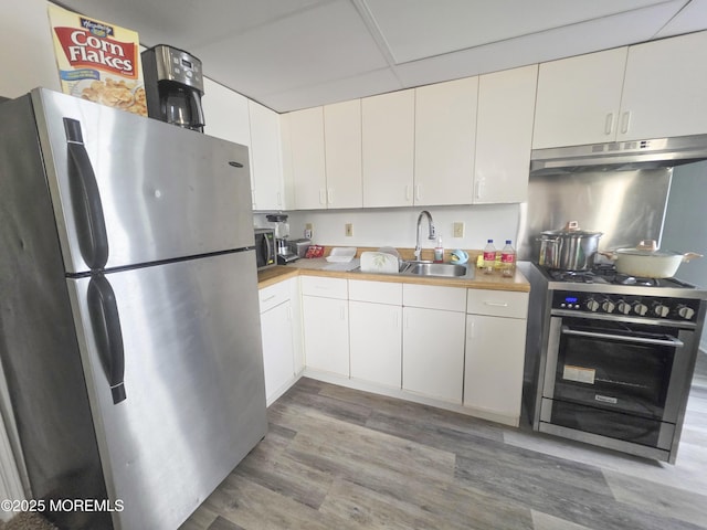 91 Grand Ave, Atlantic Highlands, NJ 07716 - kitchen featuring white cabinetry, under cabinet range hood, a sink, light wood-style flooring, and stainless steel appliances