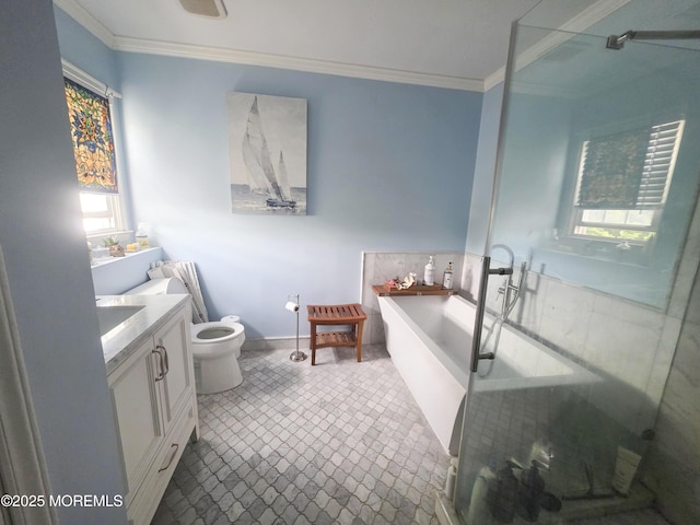 91 Grand Ave, Atlantic Highlands, NJ 07716 - full bathroom with crown molding, toilet, a freestanding bath, and vanity