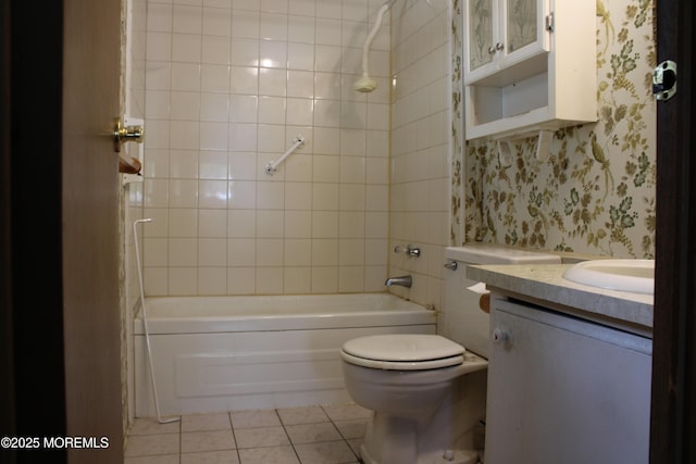 full bath with vanity, shower / bathtub combination, toilet, wallpapered walls, and tile patterned floors
