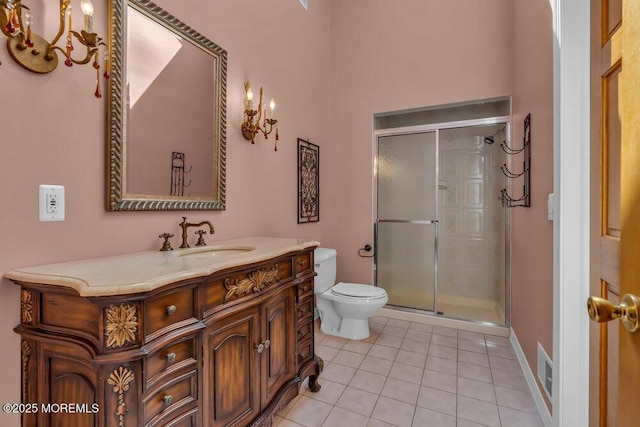 bathroom featuring vanity, a stall shower, tile patterned floors, and toilet