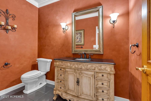 half bathroom featuring tile patterned floors, baseboards, vanity, toilet, and ornamental molding