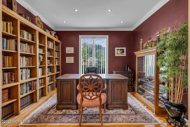 office area featuring recessed lighting, ornamental molding, and light wood-type flooring