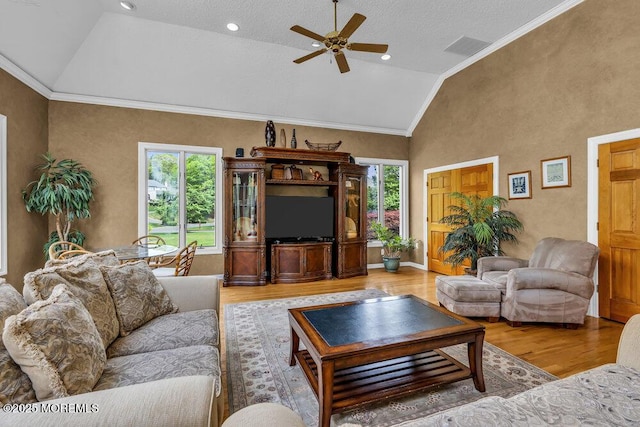 living area featuring visible vents, crown molding, a ceiling fan, light wood finished floors, and vaulted ceiling