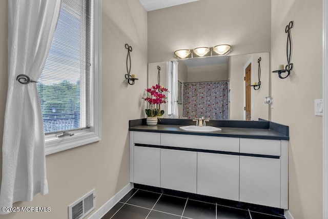 full bathroom featuring tile patterned floors, visible vents, baseboards, and vanity