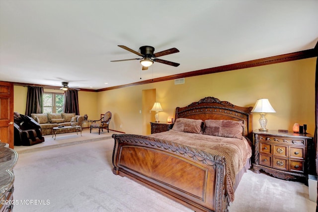 bedroom featuring carpet, crown molding, a ceiling fan, and baseboards