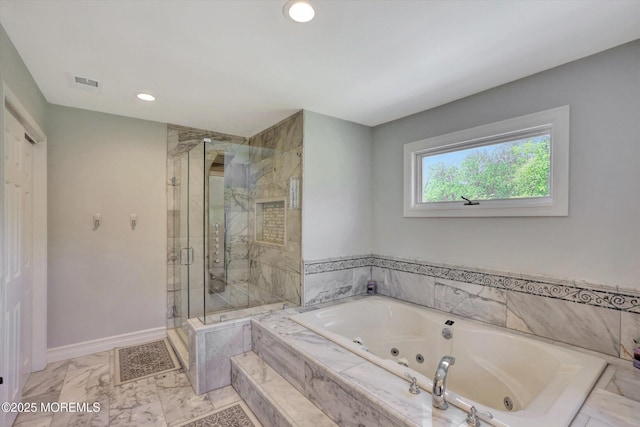 bathroom with a marble finish shower, a jetted tub, baseboards, marble finish flooring, and recessed lighting