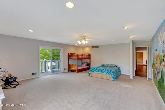 bedroom with light colored carpet, baseboards, access to outside, recessed lighting, and a ceiling fan