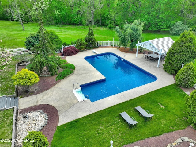 view of swimming pool featuring a pergola and a patio area