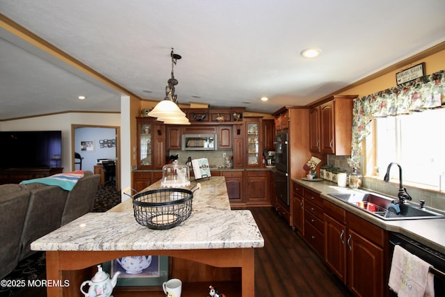 397 Finch Way, Freehold, NJ 07728 - kitchen with a sink, dishwashing machine, open shelves, stainless steel microwave, and crown molding