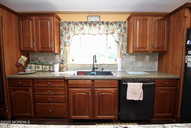 397 Finch Way, Freehold, NJ 07728 - kitchen featuring dishwashing machine, a sink, decorative backsplash, and brown cabinets
