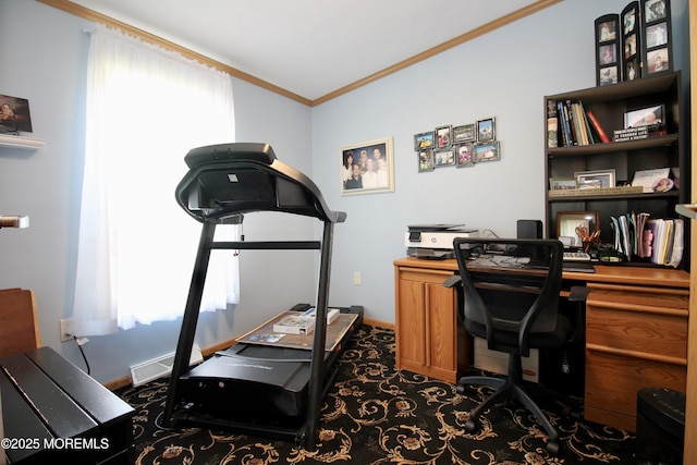 397 Finch Way, Freehold, NJ 07728 - office area with crown molding, healthy amount of natural light, dark colored carpet, and baseboards