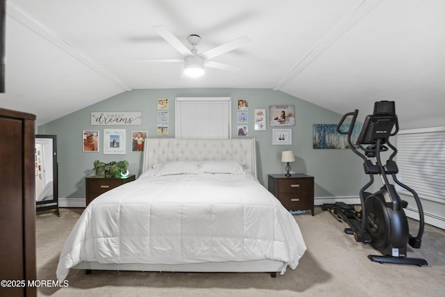 bedroom featuring lofted ceiling, a ceiling fan, a baseboard heating unit, and carpet floors