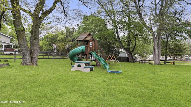 view of play area with fence and a lawn