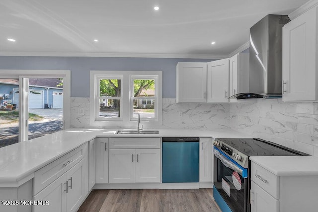 829A Westminster Ct, Manchester, NJ 08759 - kitchen with light countertops, wall chimney exhaust hood, a sink, dishwasher, and stainless steel electric range oven
