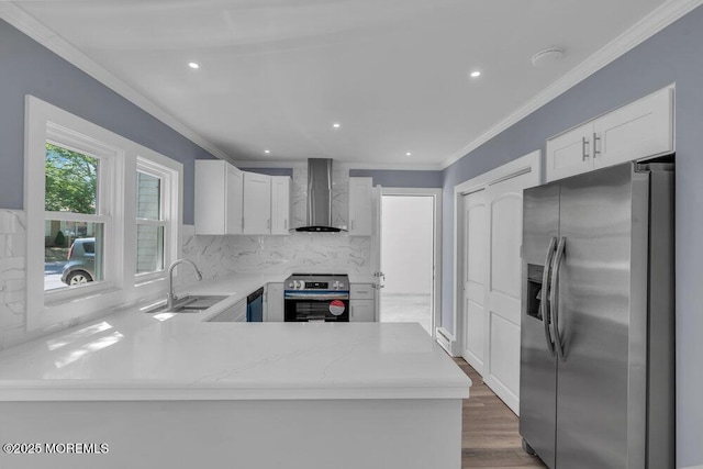 829A Westminster Ct, Manchester, NJ 08759 - kitchen featuring appliances with stainless steel finishes, a sink, wall chimney exhaust hood, backsplash, and ornamental molding