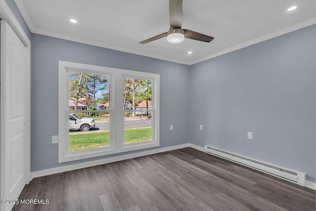 829A Westminster Ct, Manchester, NJ 08759 - empty room with a ceiling fan, baseboards, a baseboard heating unit, recessed lighting, and dark wood-type flooring