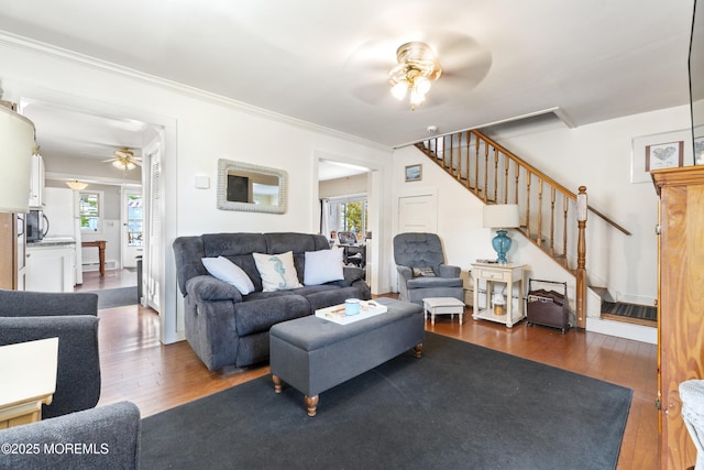 39-43 Twilight Ave, Keansburg, NJ 07734 - living area with a wealth of natural light, stairway, ceiling fan, and dark wood-style floors