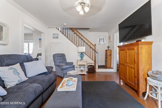 39-43 Twilight Ave, Keansburg, NJ 07734 - living area with crown molding, a ceiling fan, wood finished floors, and stairway