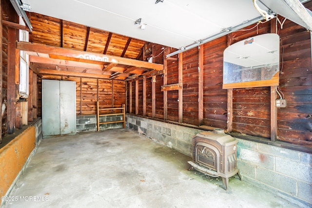 garage with a wood stove