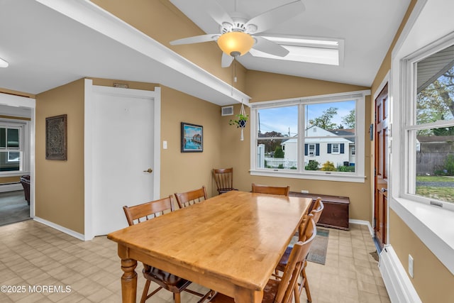 dining space with baseboards, a ceiling fan, lofted ceiling, and a wealth of natural light