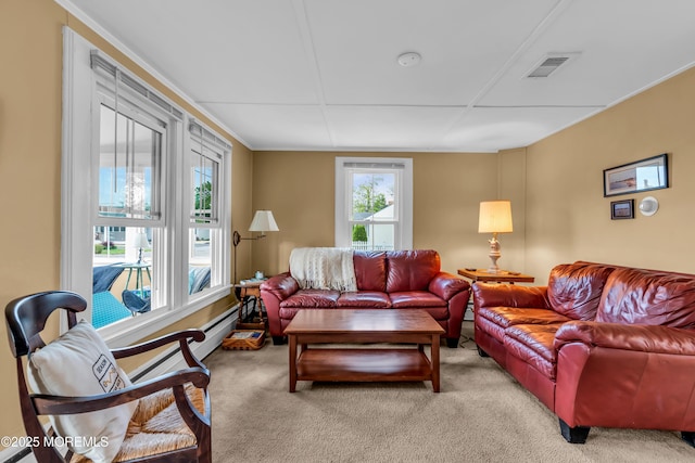 living area with carpet floors and visible vents