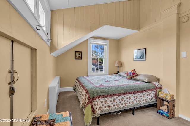 bedroom with radiator heating unit, baseboards, and carpet flooring