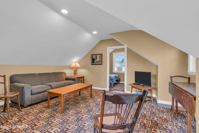 living area with baseboards, recessed lighting, and vaulted ceiling