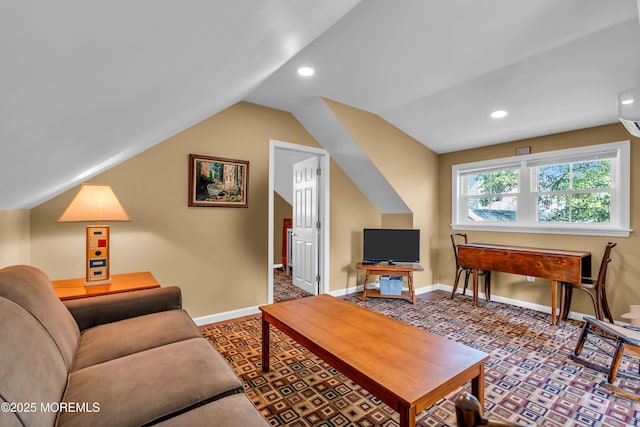 living area featuring recessed lighting, baseboards, and vaulted ceiling