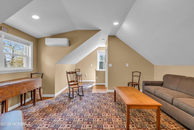 living room featuring recessed lighting, vaulted ceiling, plenty of natural light, and a wall mounted air conditioner